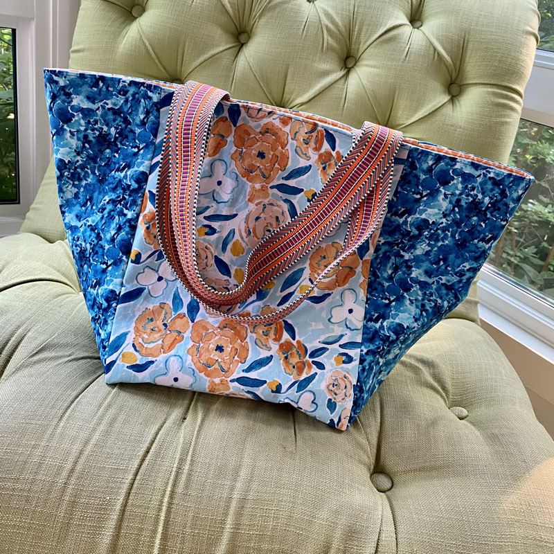 Blue and orange market tote bag