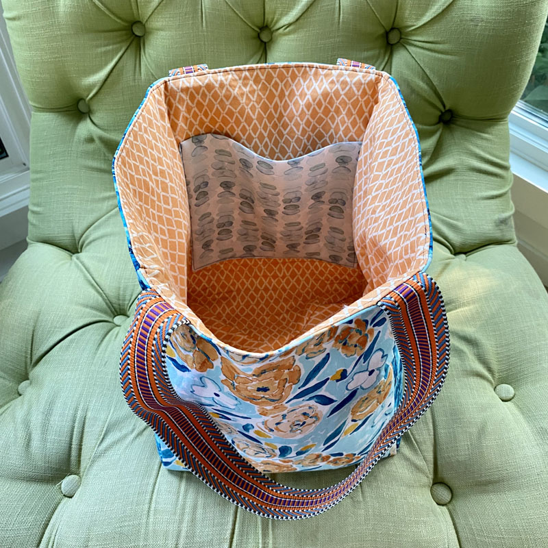 Blue and orange market tote bag